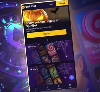 SpinBet app – Halloween promo and casino games on mobile SpinBet mobile casino interface with Halloween-themed promotions and slot games